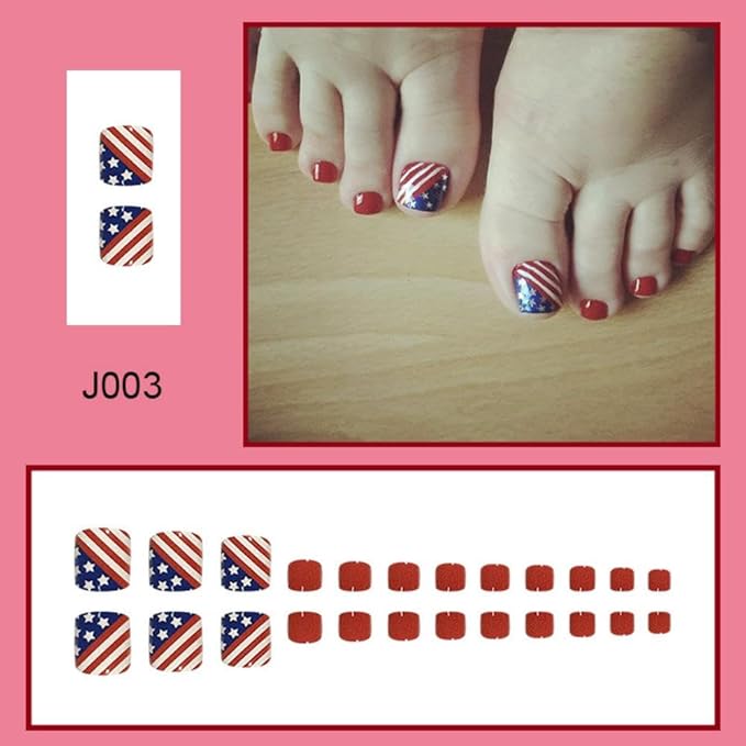 Independence Day Press on Toenails Short Square Fake Toe Nails with USA Flag Designs Red False Toe Nails Blue Artificial Tonails Glossy 4th of July Glue on Toenails for Women Girls Manicure 24Pcs