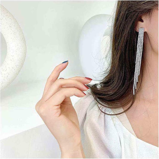 Boho Rhinestone Tassel Earrings Long Fringe Drop Dangle Earrings Silver Crystal Chain Tassel Earrings Vintage Chandelier Chain Studs Earrings Luxury Statement Earrings Jewelry for Women and Girls Gifts-VivaGrace Women