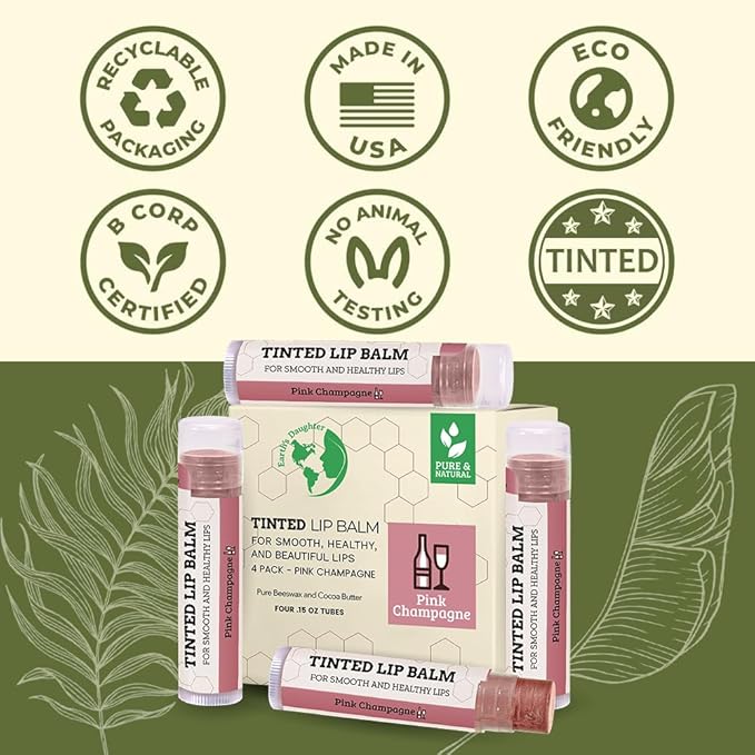 Tinted Lip Balm by Earth’s Daughter – 4 Pack of Pink Champagne Color – Beeswax, Coconut Oil, Cocoa Butter, Vitamin E – Moisturize and Beautify – Paraben Free-VivaGrace Women