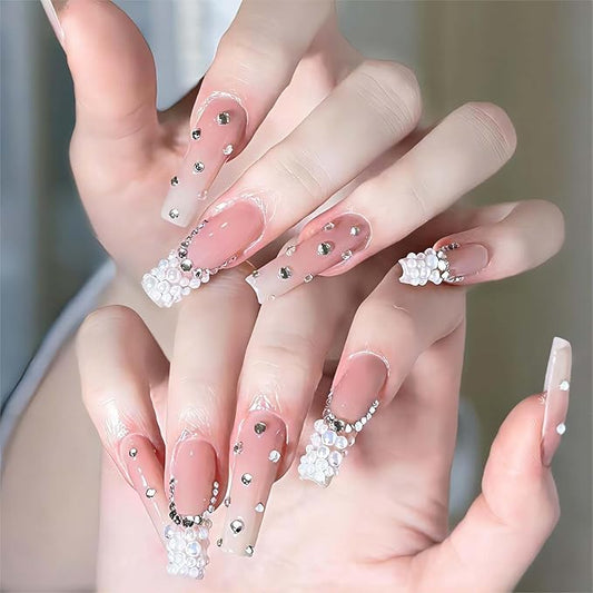 Press on Nails,Long Press on Nails Gradient Fake Nails Pink with Jewelry Design Nails for women and Girls (Lipstick & White)