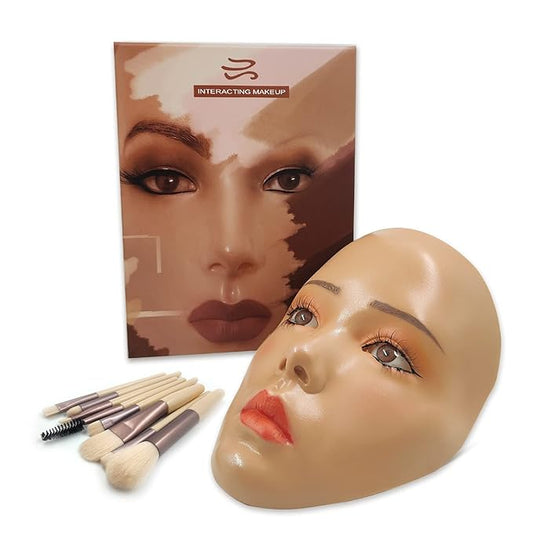 3D Makeup Practice Face,Reusable Makeup Mannequin Face with Makeup Brushes Set,Silicone Full Face Practice Eyelash Eye Shadow,for Emerging Makeup Artist,for Girl's Gift-VivaGrace Women