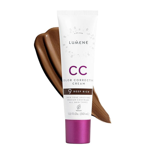 Lumene Color Correcting CC Cream - Lightweight Foundation - Medium Coverage - Redness Reducing Face Makeup for Glowing Complexion - Vegan Formula + Suitable for All Skin Types - Deep Rich (1 fl oz)-VivaGrace Women