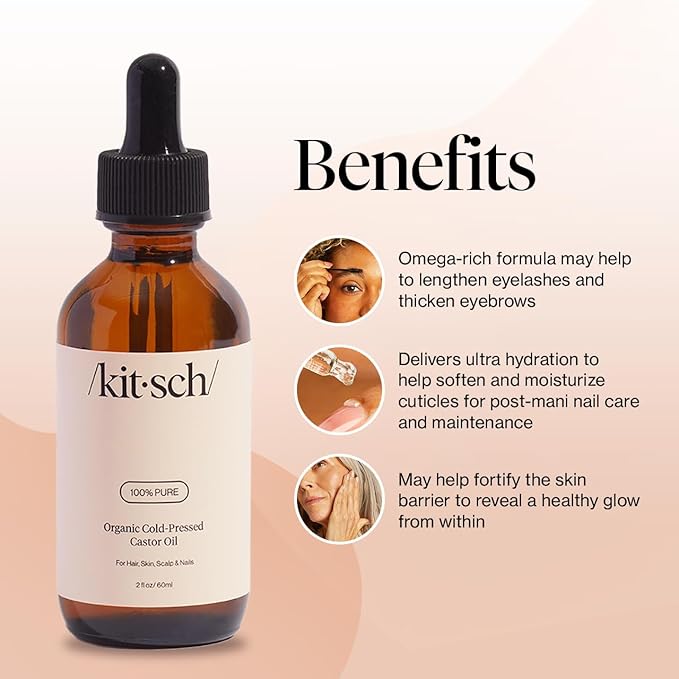 Kitsch Organic Castor Oil for Hair Growth - 100% Pure Castor Oil, Organic Cold Pressed Unrefined Glass Bottle for Face, Skin, Lashes, Brows, Scalp, Nails & Belly Button - Hexane Free, USDA - 2 oz-VivaGrace Women