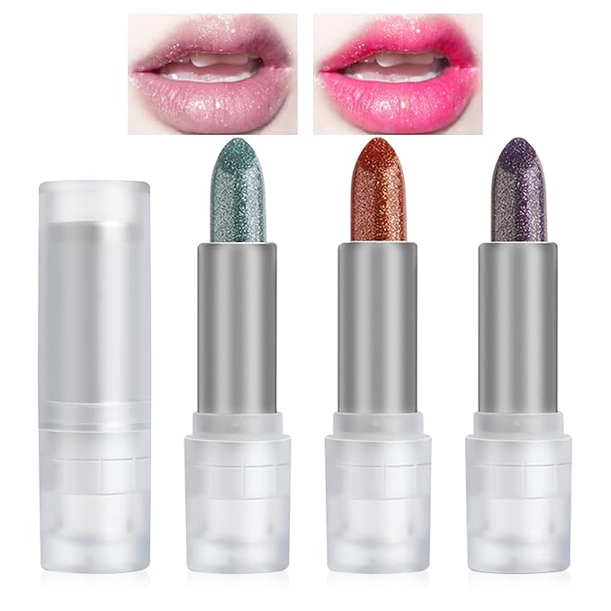 DAGEDA 3PCS Glitter Lipstick, Moisturizing Glossy Color Changing Lip Balm, Long Lasting Shimmer Lipstick, Nonstick Color Change Lipstick, Waterproof Glitter Lip Balm for Festival-VivaGrace Women