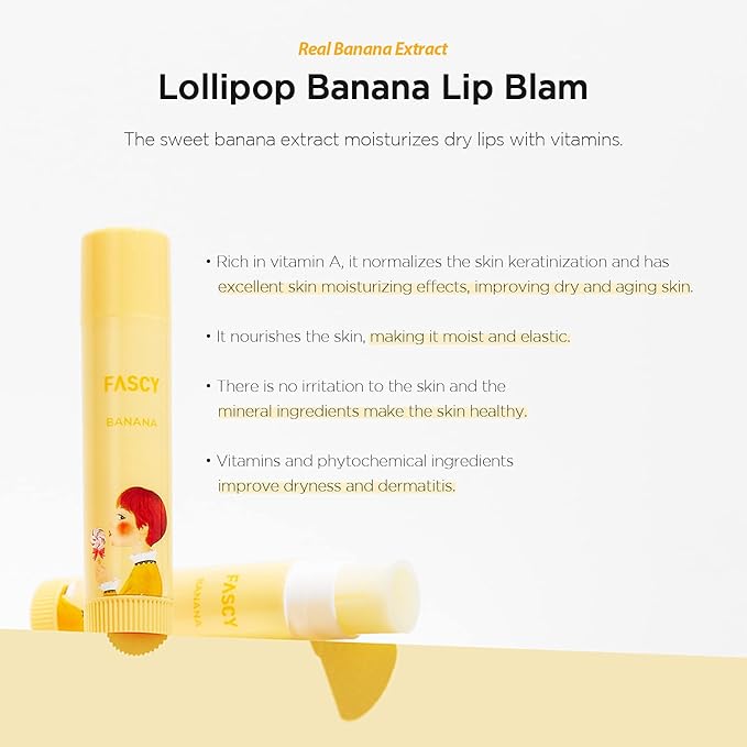 FASCY Lollipop Lip Balm Banana, Lip Balms & Moisturizers, Korean Lip Balm, Korean Lip, Korean Lip Products, Paraben Free, Moisturizing, 0.13 Oz, (Banana)-VivaGrace Women