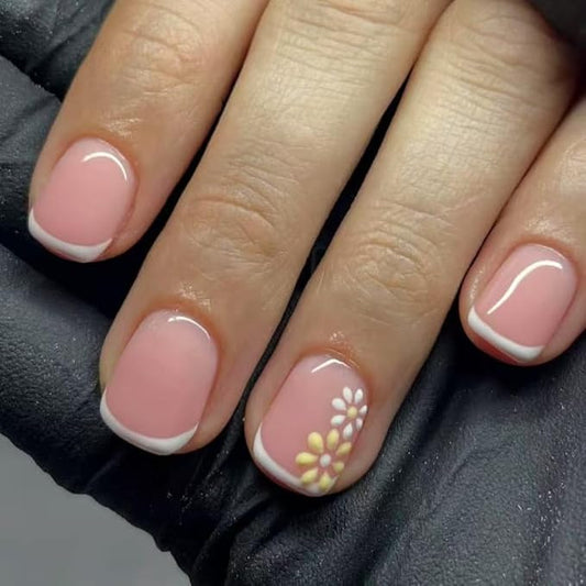 24Pcs Short Press on Nails White French Tip Fake Nails Spring Summer Flower False Nails for Women Nude Pink Glue on Nails Full Cover Reusable Stick on Nails Cute Square Nails Press ons