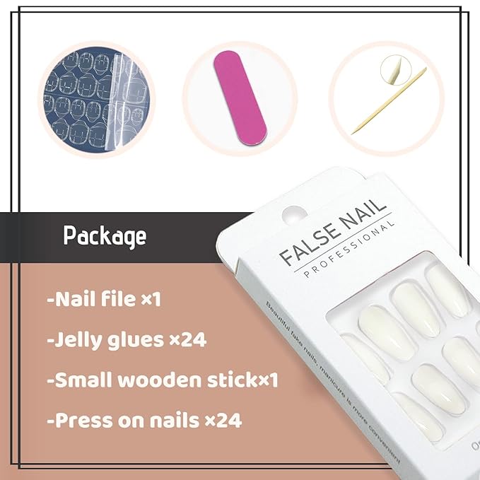 Medium Press on Nails Almond Fake Nails with Pure Color Designs White Glue on Acrylic Nails Glossy False Nails for Women and Girls
