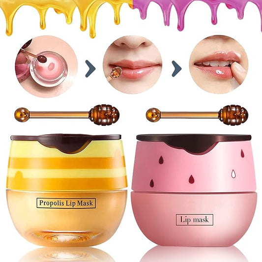 Bee Lip Balm Honey Pot, 2 PCS Strawberry & Honey Lip Masks Hydrating Prevention Dry and Cracked Lip Scrubs Exfoliator,Lip Sleep Mask Reduces Lip Lines,Lip Exfoliating BeeLip Balm Sleeping Lip Mask-VivaGrace Women