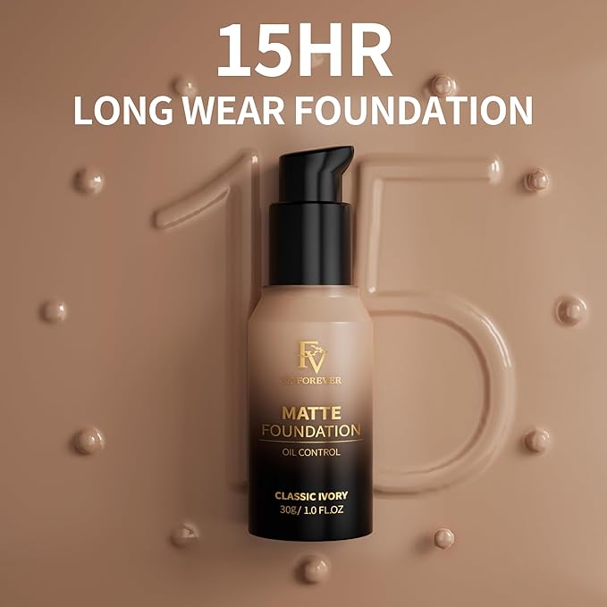 FV Full Coverage Liquid Foundation, Lightweight & Concealing, Long Lasting Matte Foundation Makeup with Flawless Finish, Oil Control Waterproof Foundation for Oily Skin (Classic Ivory Matte)-VivaGrace Women