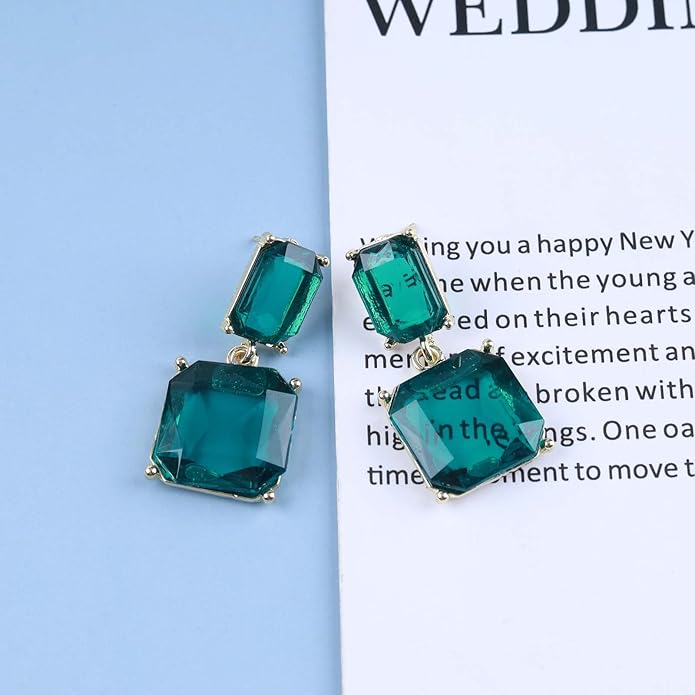 Vintage Emerald Square Earrings Green Emerald Drop Earrings Geometric Emerald Earrings Luxury Wedding Green Crystal Stud Earrings Jewelry for Women-VivaGrace Women