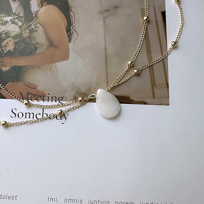 Layered Teardrop Pendant Necklace Teardrop Natural Stone Necklace Teardrop Gemstone Necklace Chain White Teardrop Necklace Choker Gold Satellite Chain Necklace Jewelry for Women and Girls-VivaGrace Women
