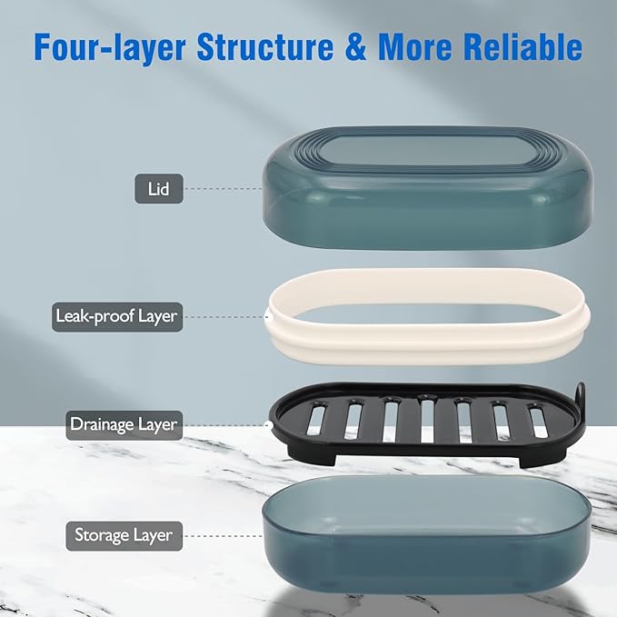 Travel Soap Container, Soap Dish with Lid, Travel Soap Box with Removable Draining Layer, Portable Soap Case for Traveling, Camping, Gym (Blue Style A)-VivaGrace Women