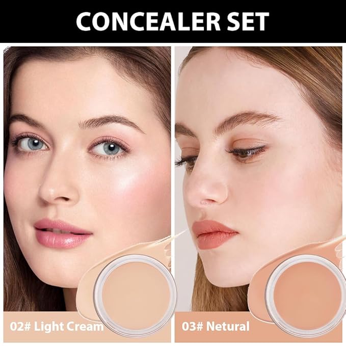 Kaely 2Pcs Pot Concealer Full Coverage Set,under Eye Brightener Concealer for Conceals Dark Circles,Waterproof Foundation Face Makeup Brush Kit,Color Correcting Concealer,02+03-VivaGrace Women