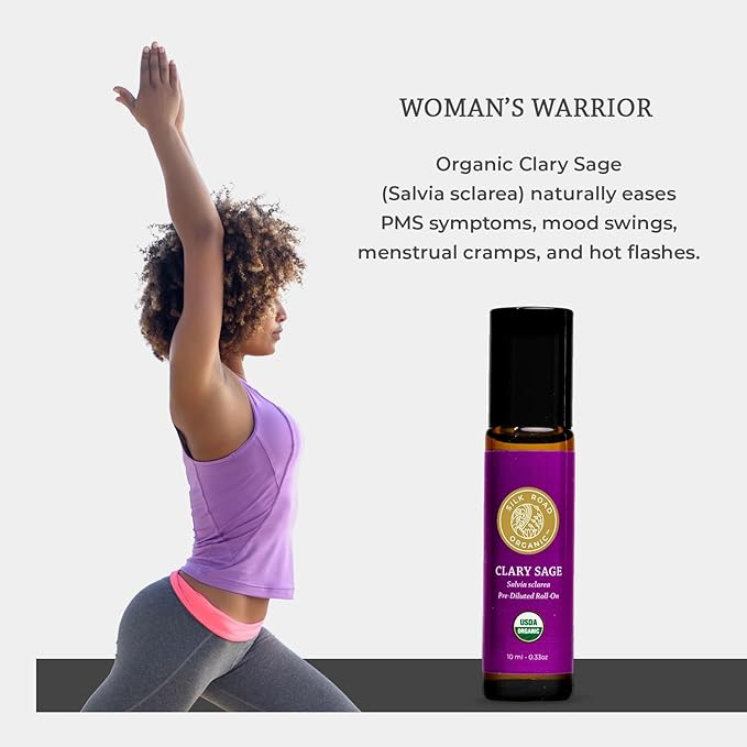 Silk Road Organic Clary Sage Essential Oil Roll On, 100% Pure USDA Certified Aromatherapy for PMS, Stress & Mental Clarity - 10 ml Roller - Always Pure, Always Organic-VivaGrace Women