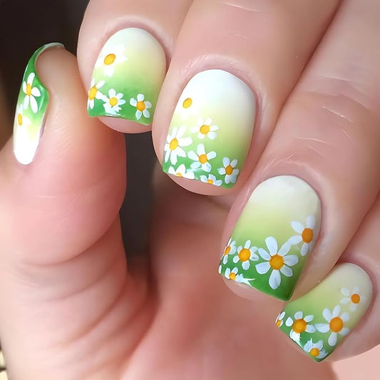 Small Flower Press on Nails Short Square Fake Nails Full Cover White Daisy Gradient Green Glue on Nails Short Spring Summer Stick on Nails Glossy Acrylic False Nails Glue on Nails for Women