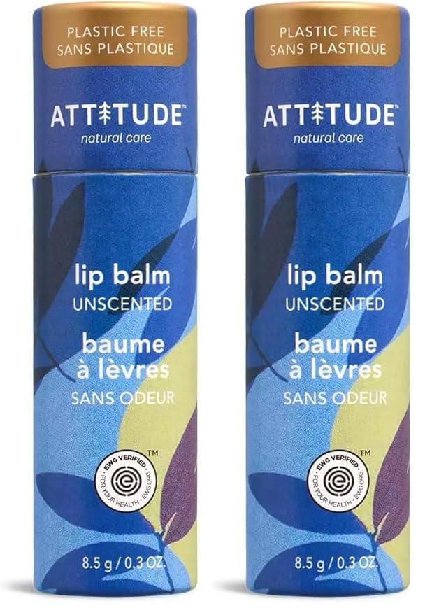 ATTITUDE Plastic-free Lip Balm, EWG Verified Plant- and Mineral-Based Ingredients, Vegan and Cruelty-free Personal Care Products, Unscented, 0.3 Oz (Pack of 2)-VivaGrace Women