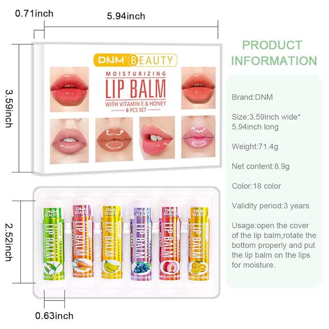 evpct 6Pcs Classic Fruit Flavour Flavored Lip Balm Set for Lip Care Chafed Chapped Cracked Lips, Natural Vitamin E & Honey Green Tea Carrot Banana Grape Peach Orange Moisturizing Mens Kids Lip Balm 3-VivaGrace Women