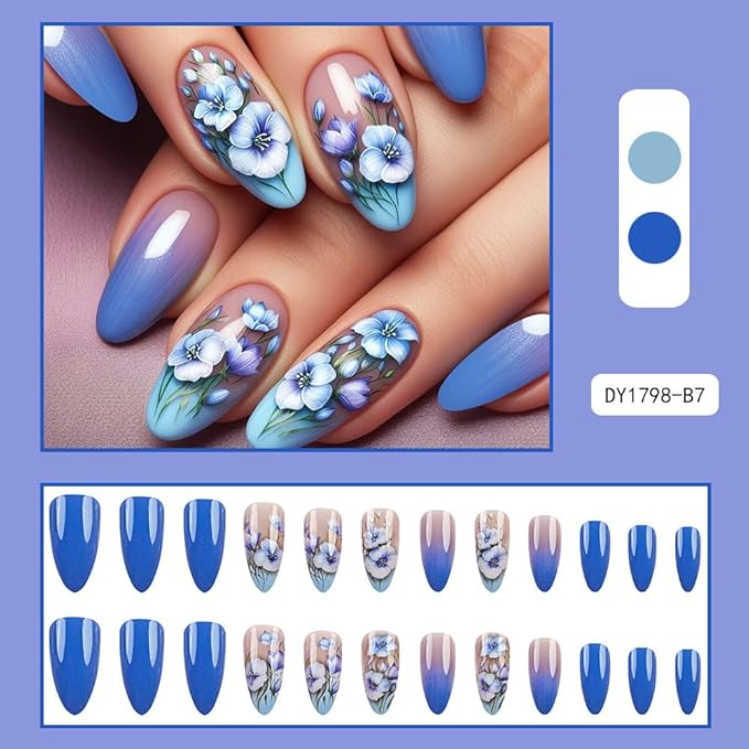 Ombre Blue Press on Nails Medium Almond Fake Nails with Flower Design Spring Press on Nails Gradient Glue on Nails Glossy Reusable Floral Spring Nails for Women Girls Manicure 24pcs