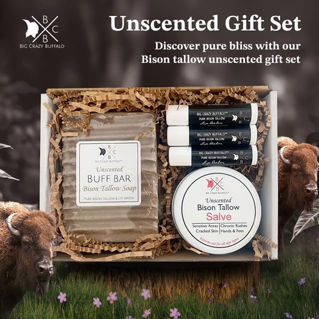 Pure Bison Tallow Unscented Gift Set - Buff Bar, Salve, & 3 Unscented Lip Balms - Cleans, Moisturizes, Soothes, Naturally Derived - No Dyes, Chemicals, Fragrances, or Preservatives-VivaGrace Women