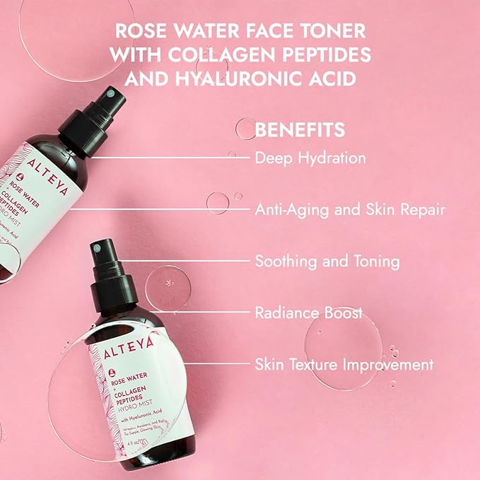 Alteya Organics Rose Water Face Toner – With Collagen Peptides & Hyaluronic Acid – Hydrating Facial Mist for Anti-Aging, Firming & Radiant Skin – 4 Fl Oz / 120mL-VivaGrace Women