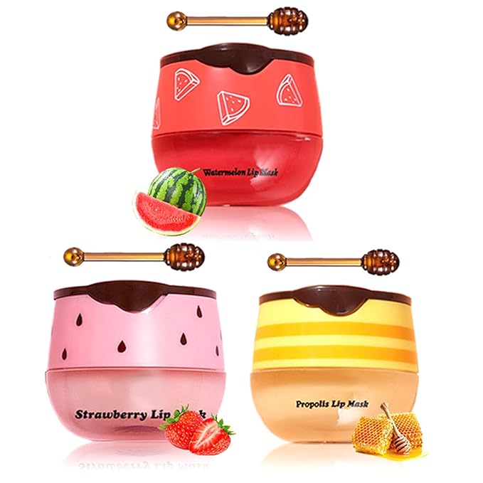 3Pcs Lip Balm Honey Pot, Lip Mask Overnight Lip Balm Hydrating Prevention Dry and Crack Lip Scrubs Exfoliator Lip Wrinkle Care, Beeswax with Vitamin E (3Pcs Honey&Strawberry&Watermelon)-VivaGrace Women