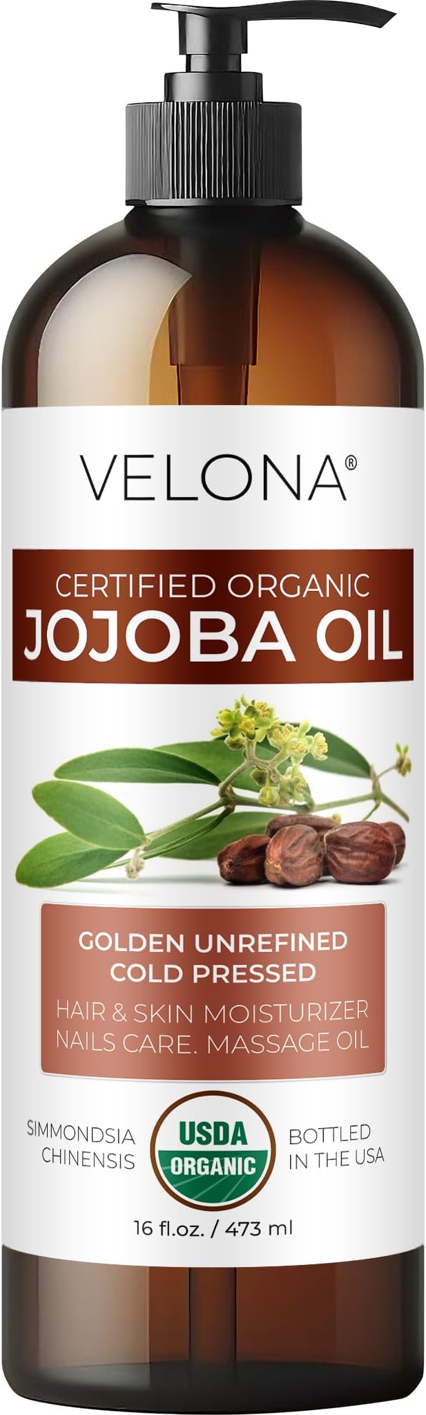 velona Jojoba Oil USDA Certified Organic - 16 fl oz (With Pump) | 100% Pure and Natural | Golden, Unrefined, Cold Pressed, Hexane Free | Moisturizing Face, Hair, Body, Skin Care-VivaGrace Women
