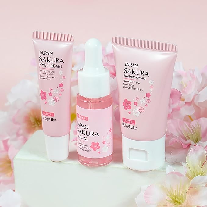 Skin Care Set JAPAN SAKURA Women Beauty Gift Sets Skin Care Kit with Serum, Eye Cream, Face Cream Travel Kit for Women Wife Mom Teen Girls TSA-friendly Sizes Birthday Gift 3pcs-VivaGrace Women