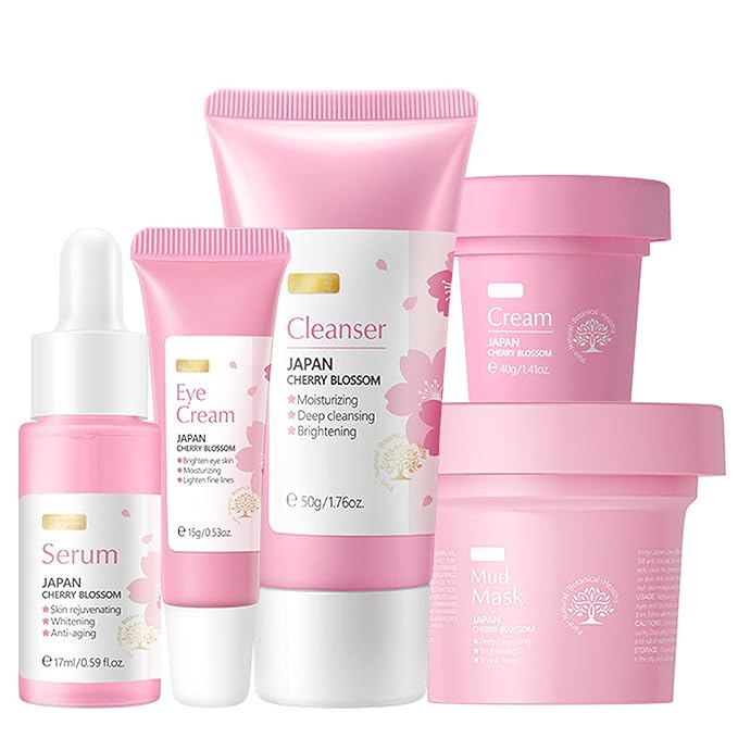 Sakura Skin Care Set, Face Care Sets for Women, 5Pcs Face Moisturizer Set Include Sakura Cream, Sakura Cleanser, Sakura Serum, Sakura Eye Cream, Sakura Mud Mask, Skin Care Gift Set for Teen Girls-VivaGrace Women