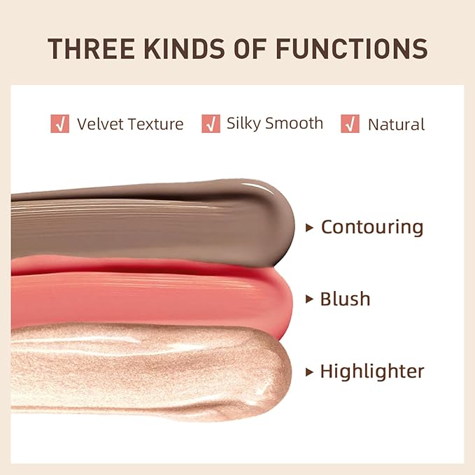 Erinde 3 Colors Liquid Highlighter Blush Contour Set, Natural Matte Face Blush Bronzer, Natural Glossy Liquid Illuminator for Face and Body, Lightweight Blendable Silky Smooth Texture, Cruelty-free-VivaGrace Women