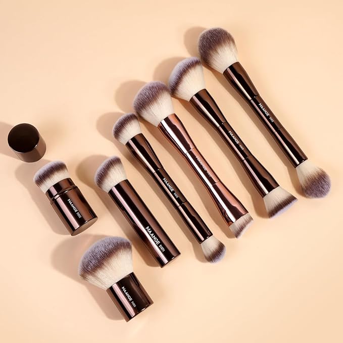 MAANGE 7pcs Makeup Brush Set Double Sided Kabuki Makeup Brushes Contour Brush for Foundation Liquid Powder Concealer Cream Cosmetics Bronzer Blending Blush Buffing Makeup Tools (Coffee)-VivaGrace Women