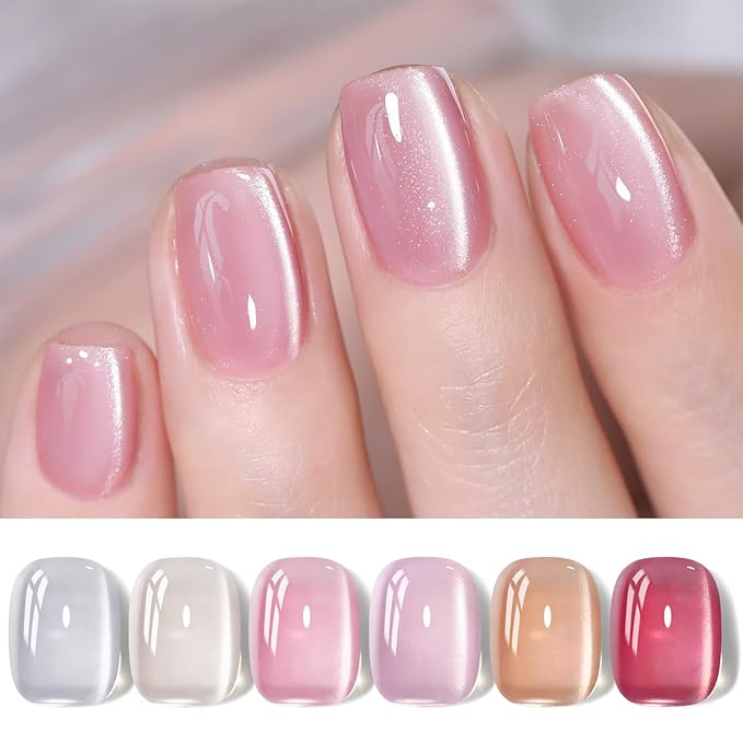 Born Pretty Magnetic Gel Nail Polish Water Light Cat Magnetic Eye Jelly Pink Glass Crystal Gel Polish Glitter Shimmer Auroras Nail Polish LED Nail Art Manicure Kit 6PCS-VivaGrace Women