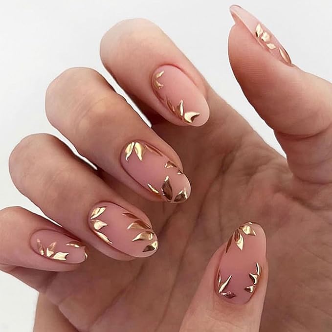 Press on Nails Medium Almond Fake Nails with Leaf Designs Nude Pink Stick on Acrylic Nails Glossy Full Cover False Nails for Women