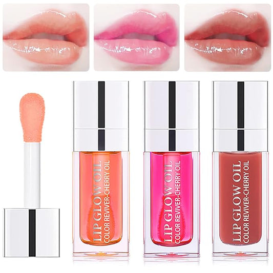3 Set Lip Oil Hydrating Tinted Lip Balm, Plump Lip Gloss Lip Care Transparent Toot Lip Oil Tinted, Glass Lip Glow Oil Fresh Texture & Non-sticky, Nourishing Repairing Lightening Lip Lines Lip Care Products-VivaGrace Women