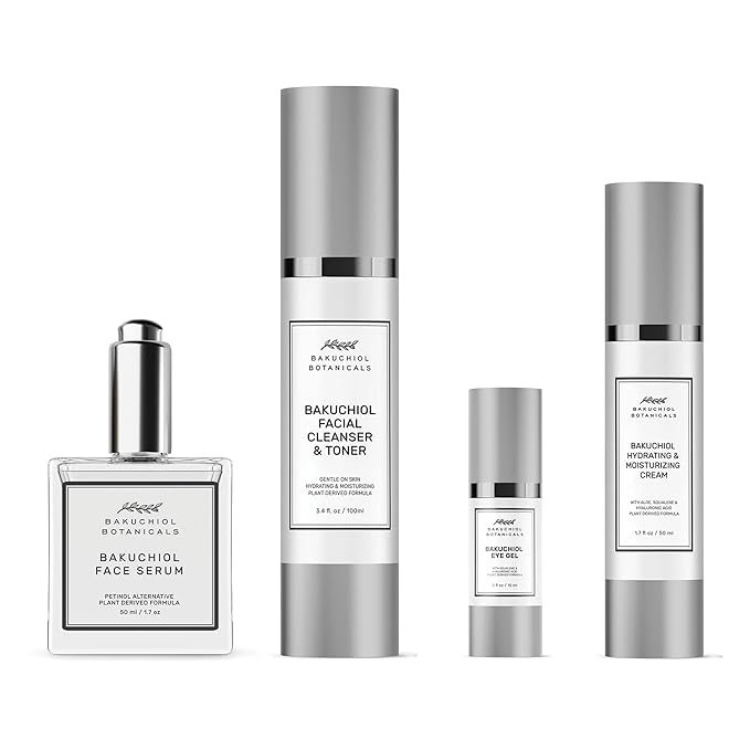 Bakuchol Botanicals Gift Set with Travel Case, Includes Face Serum, Toner & Cleanser All-in-One, Eye Cream, Moisturizer-VivaGrace Women
