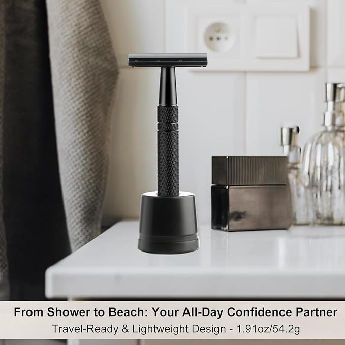 Double Edge Safety Razor with Stand, Single Blade Razors for Men and Women, Reusable Metal Razor, with 10 Stainless Steel Double Edge Blades, Smooth and Close Shave, Plastic Free, Matte Black-VivaGrace Women