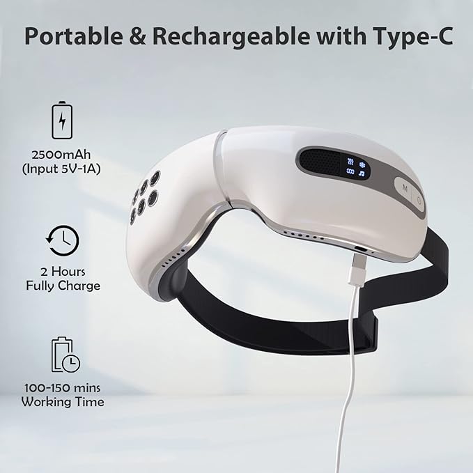 Eye Massager with Heat and Cooling for Migraines, Dry Eyes, Dark Circles, Rechargeable Bluetooth Music Cold Heated Eye Massager Improve Sleeping - Gifts for Women and Men (White)-VivaGrace Women