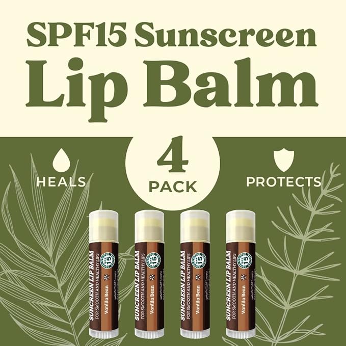 SPF Lip Balm 4-Pack by Earth's Daughter - Lip Sunscreen, SPF 15, Organic Ingredients, Vanilla Flavor, Beeswax, Coconut Oil, Vitamin E - Hypoallergenic, Paraben Free, Gluten Free-VivaGrace Women