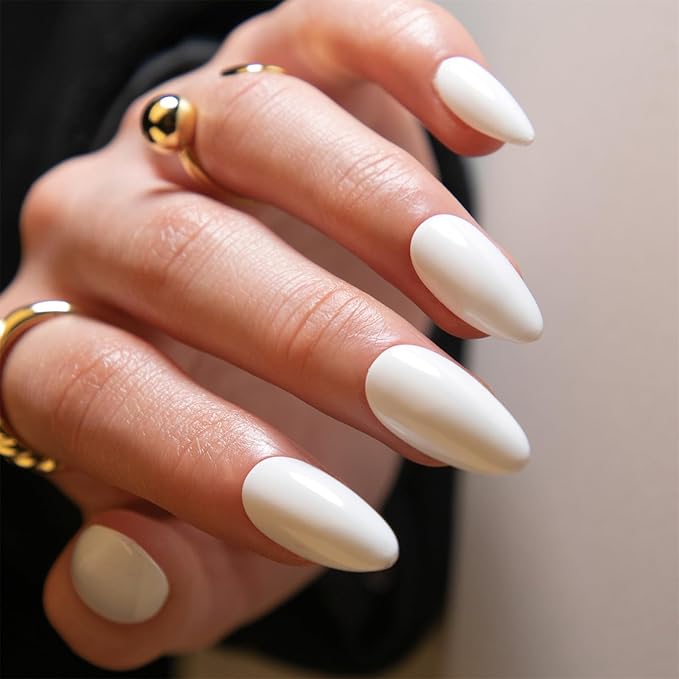Medium Press on Nails Almond Fake Nails with Pure Color Designs White Glue on Acrylic Nails Glossy False Nails for Women and Girls