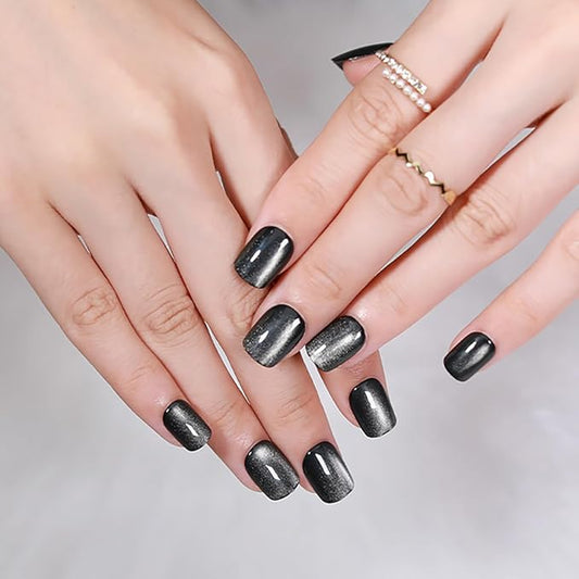 Cat Eye Short Square Press On Nails, Ethereal Glow in a Dewy Gray-to-White Gradient, Glossy Gel Finish Acrylic Nails Press Ons Short, Thick Natural Reusable Glue On Nails For Women, Dewy Grey