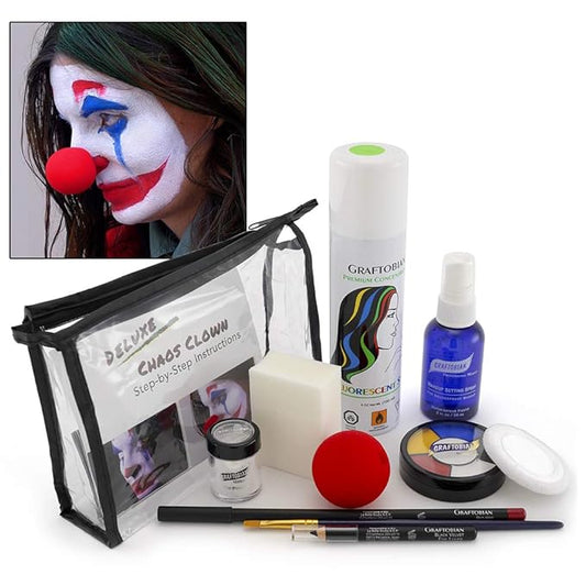 Graftobian Chaos Clown Makeup Kit - Complete 11 Piece Set for Joker Jester or Clown Halloween Costume - Full Color Instructions (Deluxe)-VivaGrace Women