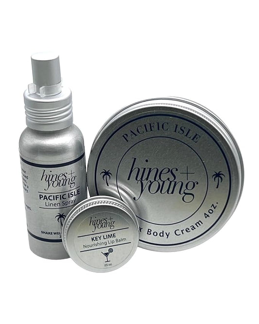 Hines+Young Travel Tins Gift Set - 4 oz Body Cream, 2 oz Linen Spray, Natural Lip Balm - Skin Care and Refreshing Home Fragrance, Ideal Self-Care Gift Set (Pack of 3, Pacific Isle)-VivaGrace Women