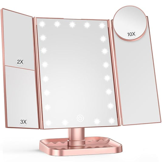 HUONUL Makeup Mirror, 10X 3X 2X Magnification, Lighted Makeup Mirror, Touch Control, Dual Power Supply, Portable LED Mirror, Women Gift (Rose Gold)-VivaGrace Women