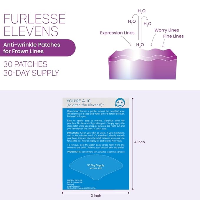 Furlesse Elevens Wrinkle Patches, Overnight Wrinkle Patches for Frown Lines, Non-Invasive Anti-Wrinkle Patches, Anti-Aging Skincare, 30 Patches, 30-Day Use-VivaGrace Women
