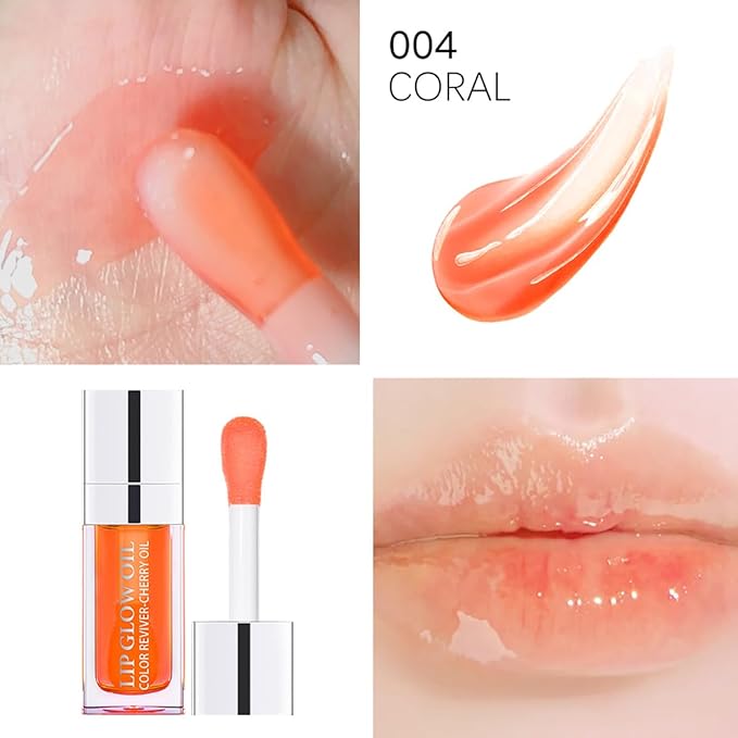 Hydrating Lip Glow Oil Moisturizing Plumping Lip Tint Lip Gloss Transparent Lip Balm Long Lasting Nourishing Repairing Lightening Lip Lines (004# CORAL)-VivaGrace Women