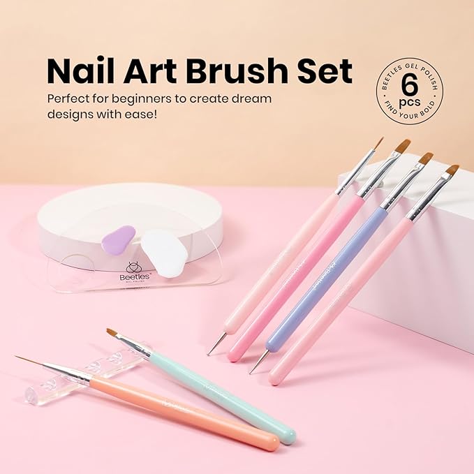 Beetles Nail Art Brushes, 6pcs Nail Art Tool Set, Nail Double-headed Dotting Tools, Striping Nail Art Brushes for Long/Short Lines, Nail Drawing Pen with Nail Brush Holder&Palette For Nail Design-VivaGrace Women