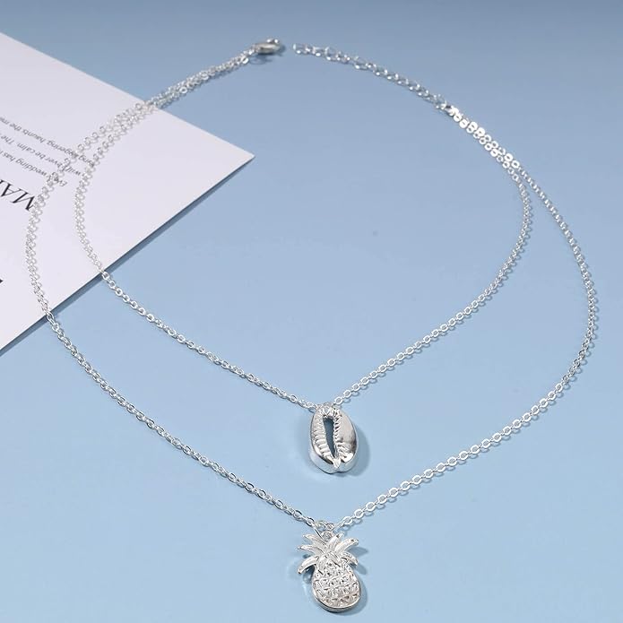 Boho Layered Shell Pineapple Choker Necklace Silver Seashell Pendant Necklace Vintage Cowrie Shell Necklace Beach Charm Necklace Jewelry for Women Gifts-VivaGrace Women