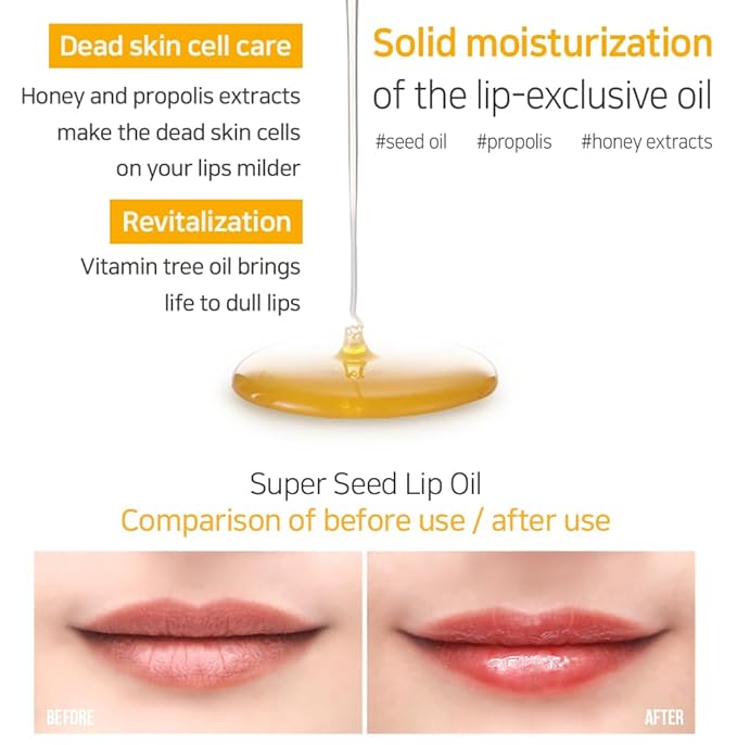 PETITFEE Lip Oil Super Seed | 0.10 Oz | Glass Lip, Healthy Lip Care, Moisturizing Lip Oil with Honey, Propolis, Herbal Oil, Glowy, Revitalizing, Calming Lip, Non-sticky, Non-artificial Colors-VivaGrace Women
