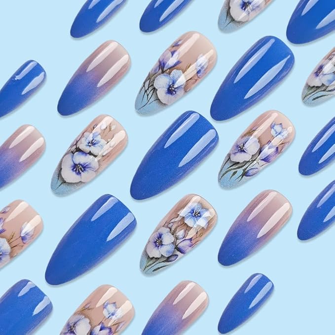 Ombre Blue Press on Nails Medium Almond Fake Nails with Flower Design Spring Press on Nails Gradient Glue on Nails Glossy Reusable Floral Spring Nails for Women Girls Manicure 24pcs