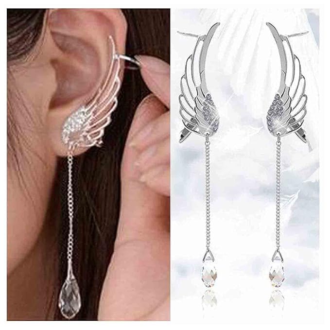 Boho Rhinestone Wing Ear Climbers Earrings Silver Crystal Drop Earring Chain Dangle Earrings Angel Wing Wrap Earrings Jewelry for Women and Girls Gifts-VivaGrace Women
