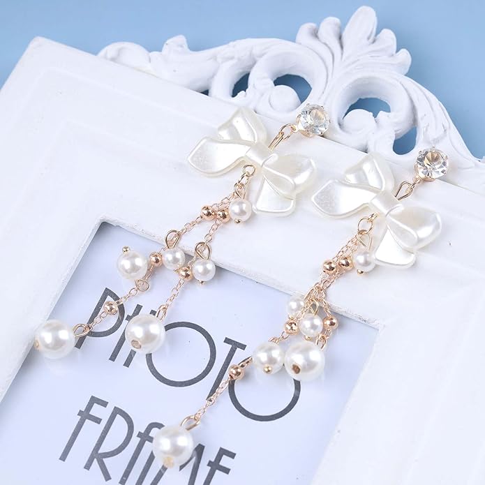 Vintage Crystal Pearl Drop Earrings Pearl Bow Dangle Earrings Long Pearl Tassel Chain Earrings Cz Bow Stud Earrings Jewelry for Women-VivaGrace Women